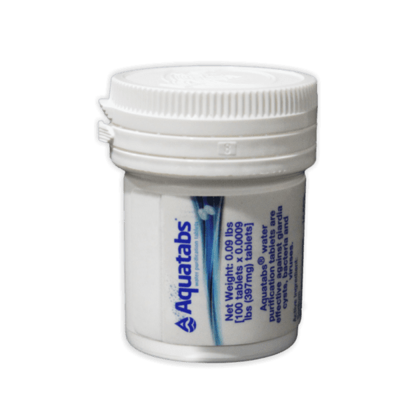 Aquatabs 397mg water purification tablets bottle, 100-tablet pack for emergency and large-volume water treatment