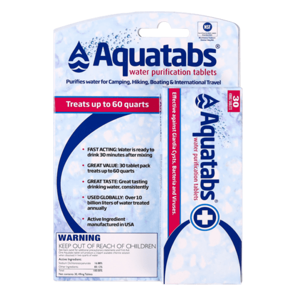 Aquatabs 49mg water purification tablets 30-pack for camping, hiking, and emergency water treatment