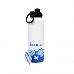 Aquatabs branded water bottle with Aquatabs water purification tablets on the side